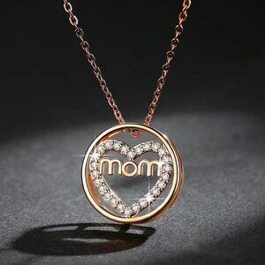 Rose Gold Mom Heart Pendant Necklace, Sparkling Stones Perfect Mother’s Day Gift